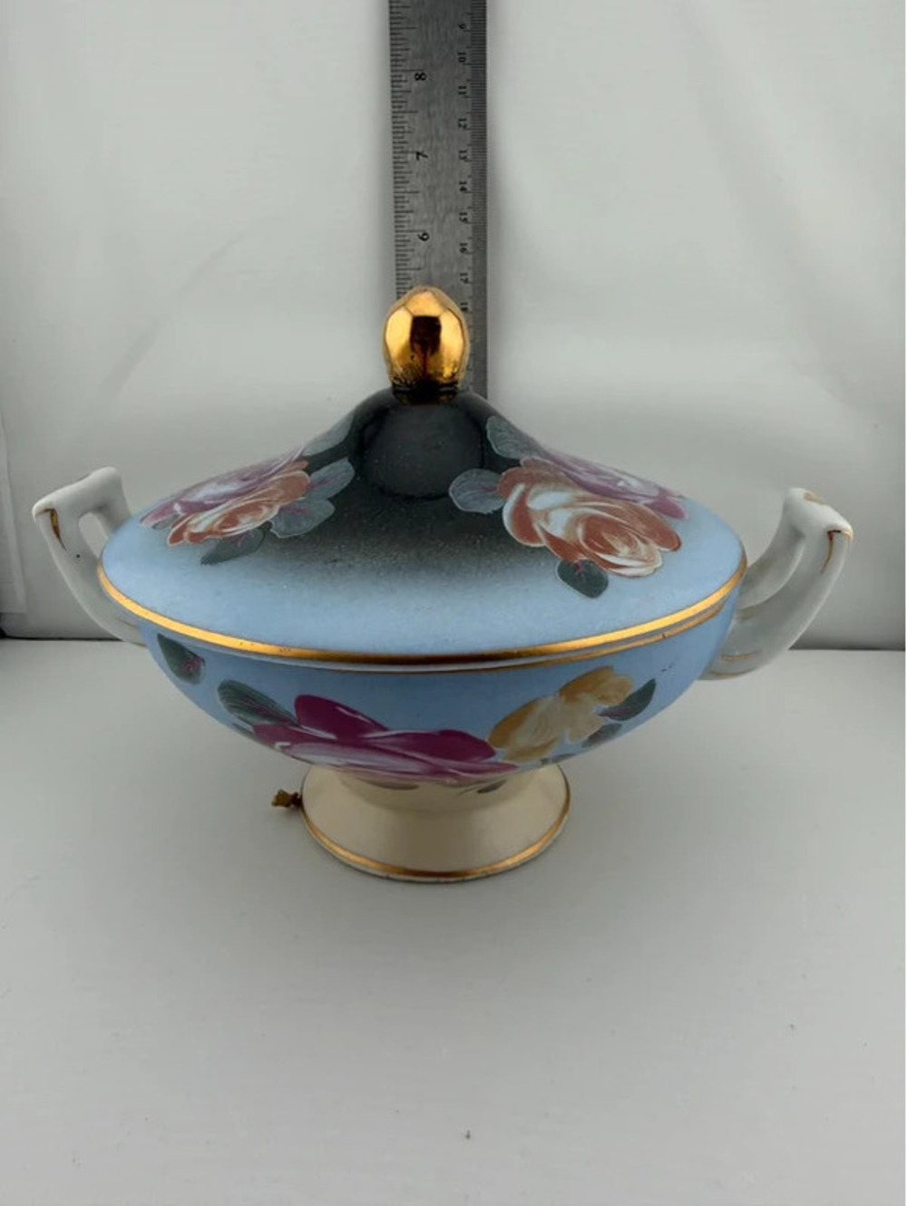 Vintage Blue Black Floral Rose Porcelain Covered Tureen Gold Trim